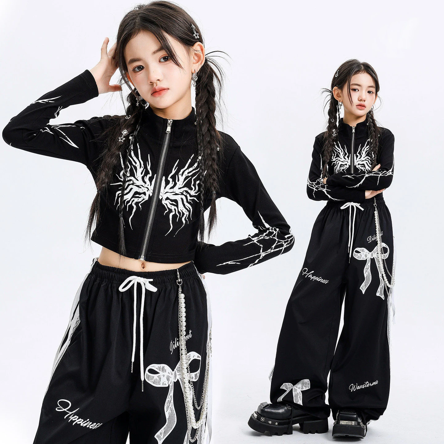 

Детская одежда в стиле K-pop и хип-хоп: черная укороченная футболка на молнии с длинным рукавом, повседневные брюки с кружевными полосками для девочек, костюмы для уличных танцев