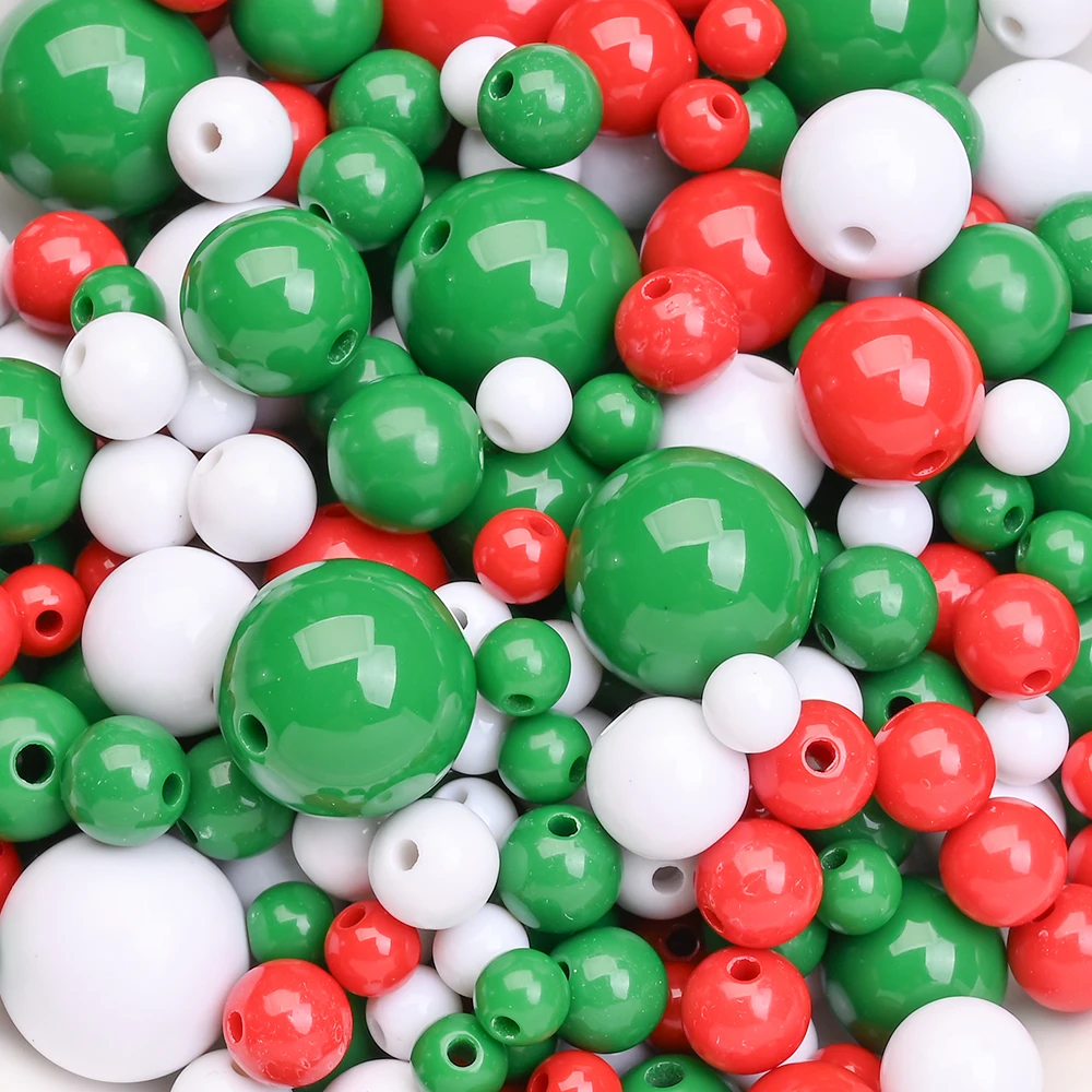 6-16mm Christmas Acrylic Round Beads Red Green White Spacer Beads For DIY Keychain Bracelet Jewelry Making Craft Supplies