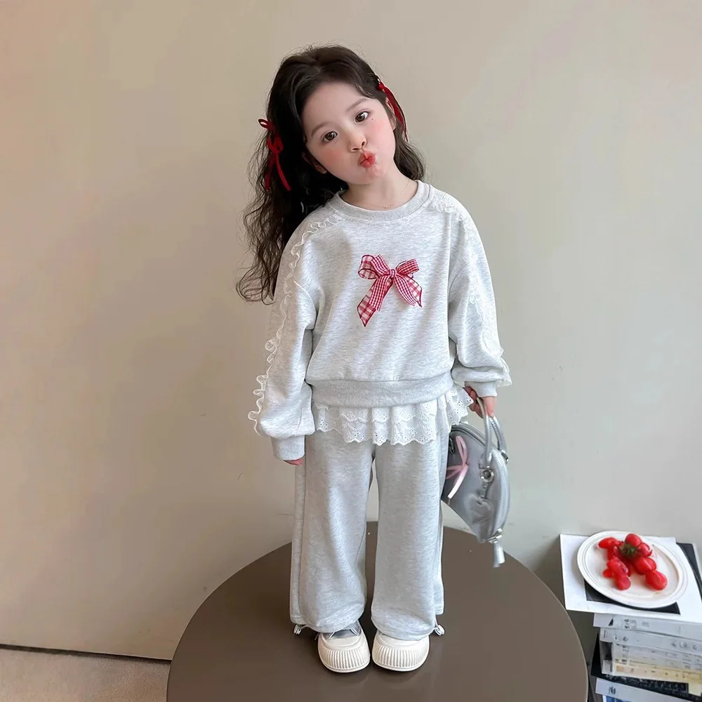 

2025 New Girls Cute Lace Bow Sweater and Pants Baby Girls Outfit Set Fashion Children's Two-piece Set