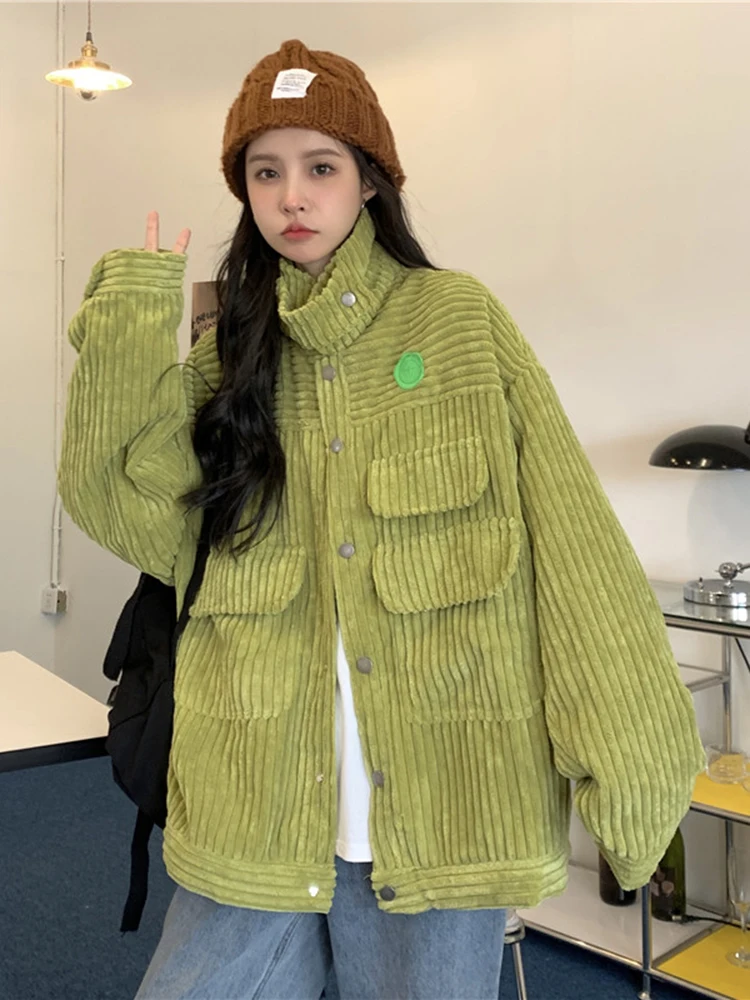 ZOKI Vintage Corduroy Jacket Spring Green Casual Button Up Loose Oversize Coats Korean Long Sleeve Female Cargo Clothes