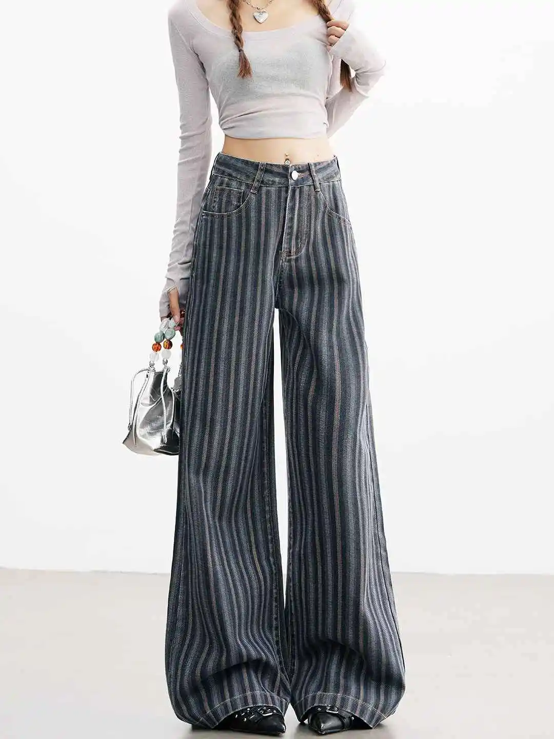 Women's Baggy Jean Wide Fit American Retro High Street Striped Y2k Japanese 2000s Denim Pants Cowboy Long Trousers Harajuku