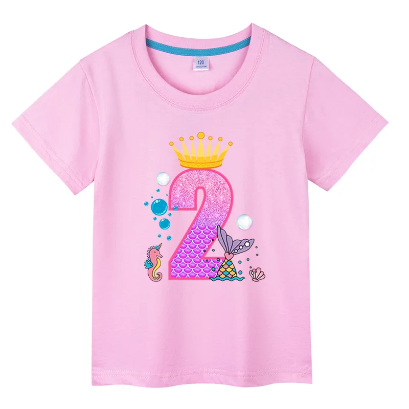 

Happy Birthday 2-9th Print Girls Mermaid Pink T-shirt Kid Summer Kawaii Funny Clothes Little Baby Y2K Clothes Present