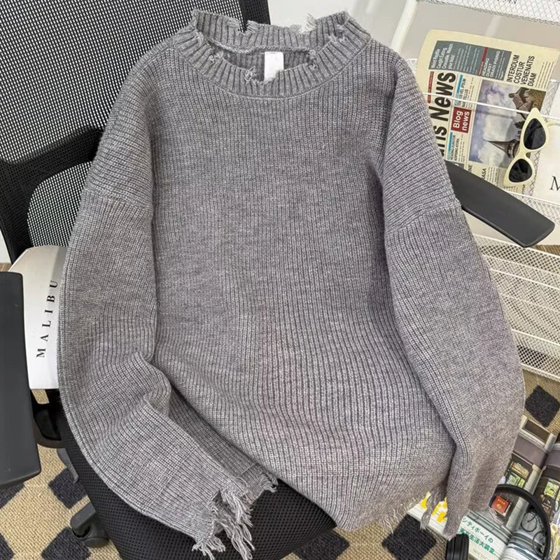 

New Men's Hole Tassel Sweater Knitwear Autumn Winter Round Neck Solid Color Design Ugly Sweater Male Knit Pullover Streetwear