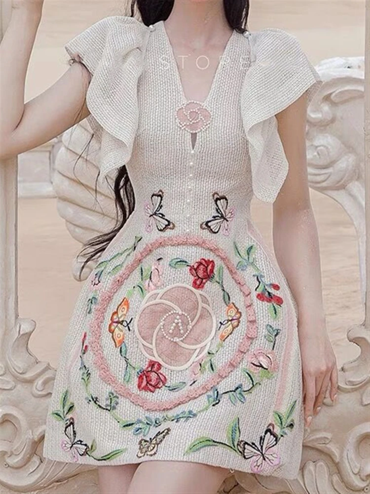 Embroidery Party Dresses Women Luxury Dress A-Line Short Sleeve Elegant 2022 Boho Autumn Spring High Waist Lace Runway Woman