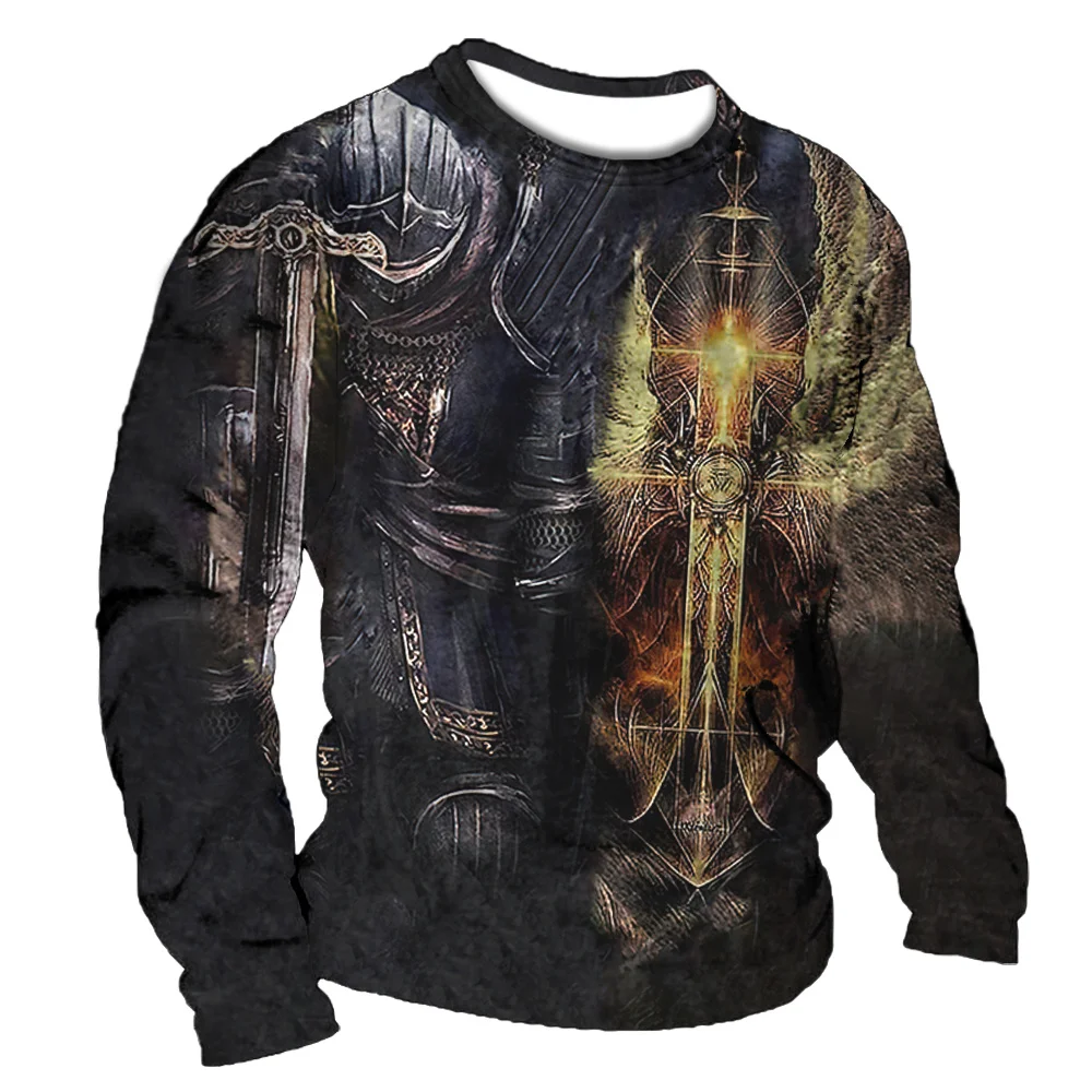 Vintage Long T-shirt Sleeve Men's 3d Knight Print O-neck Tees Tops Street Hip Hop Oversized T Shirt cool Clothing Streetwear