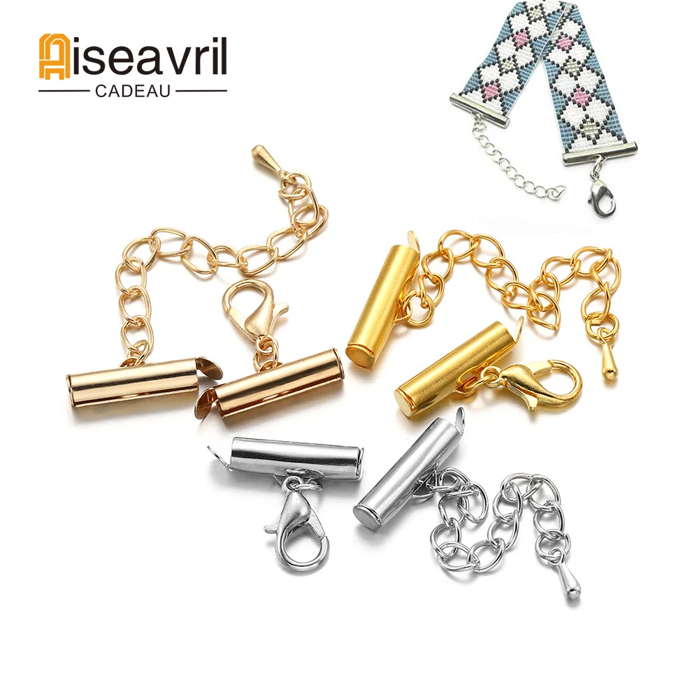 10set/lot Crimp End Beads Slide End Clasp with Chain Buckles Tubes Slider End Caps Connectors for DIY Jewelry Making Accessories