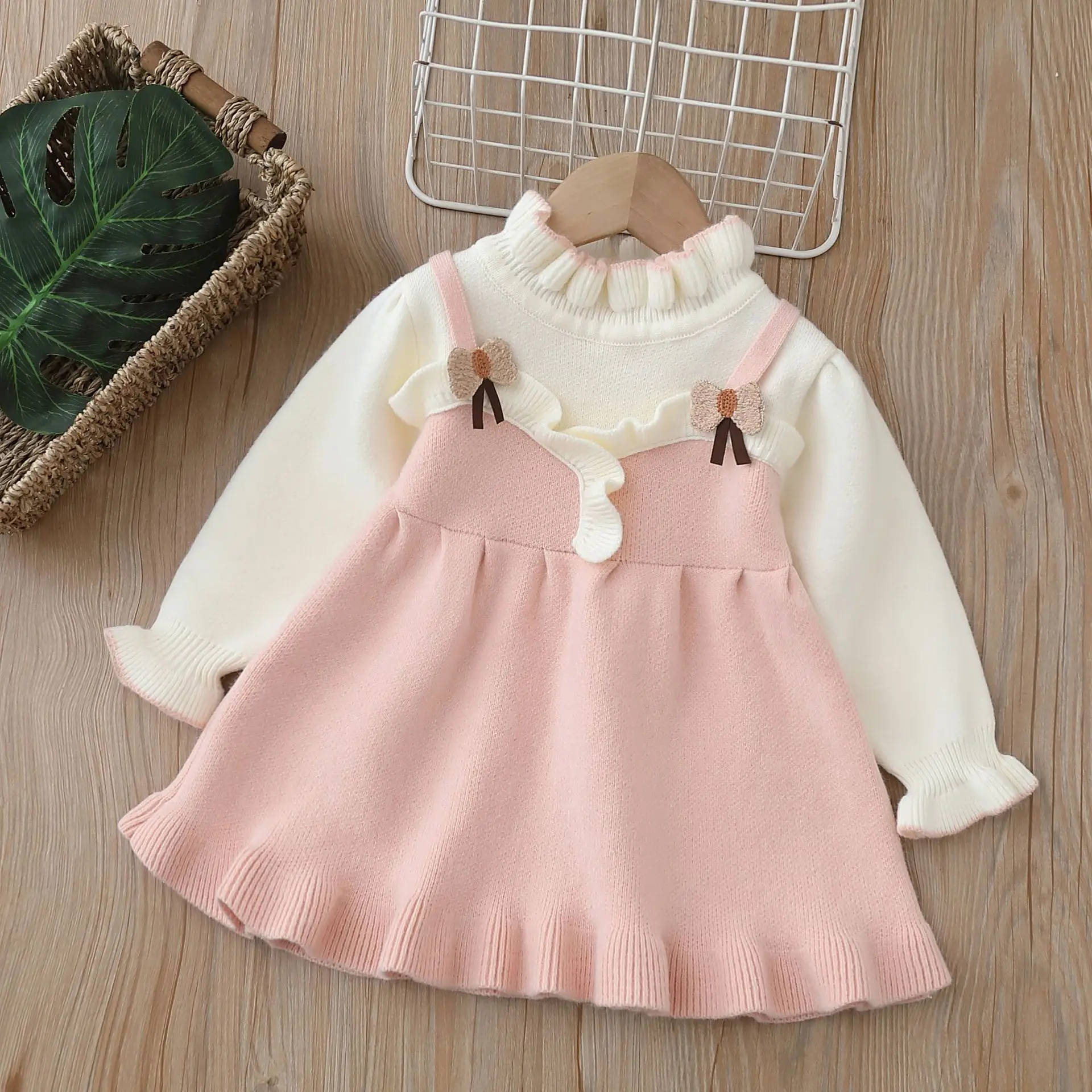 Autumn Winter Children Girls Dress Cotton 3D Bow Spliced Baby Girl Princess Dress Sweeat Knitted Fleece Warm Toddler Girls Dress