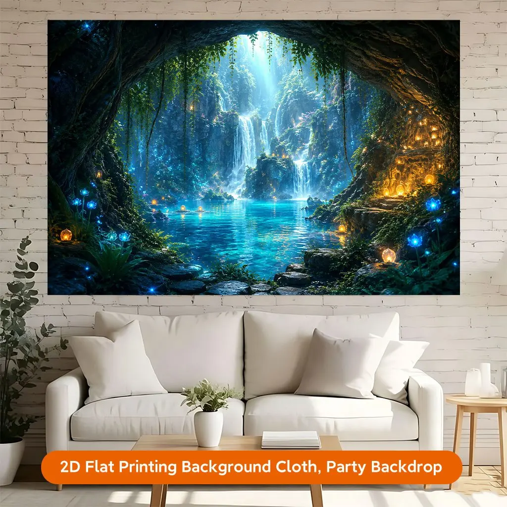 1 piece of 2D flat backdrop, mysterious cave waterfall fairyland beautiful dreamy backdrop banner, polyester banner decoration, home decoration, room decoration, wall decoration, party backdrop decoration, party decoration, gift‑decorating background
