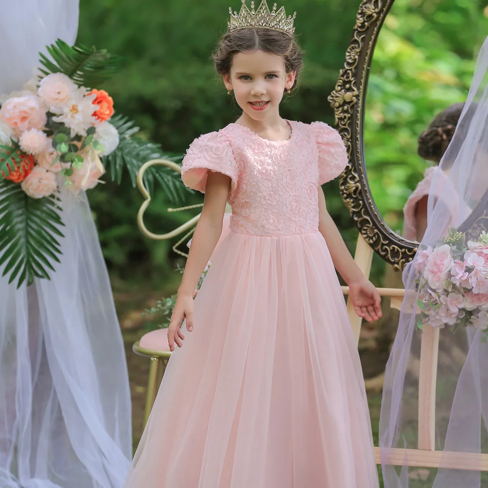 Children\'s Princess Dress Rose Bow Solid Color Christmas Wedding Flower Girl Piano Performance Dress Long Shaggy Skirt