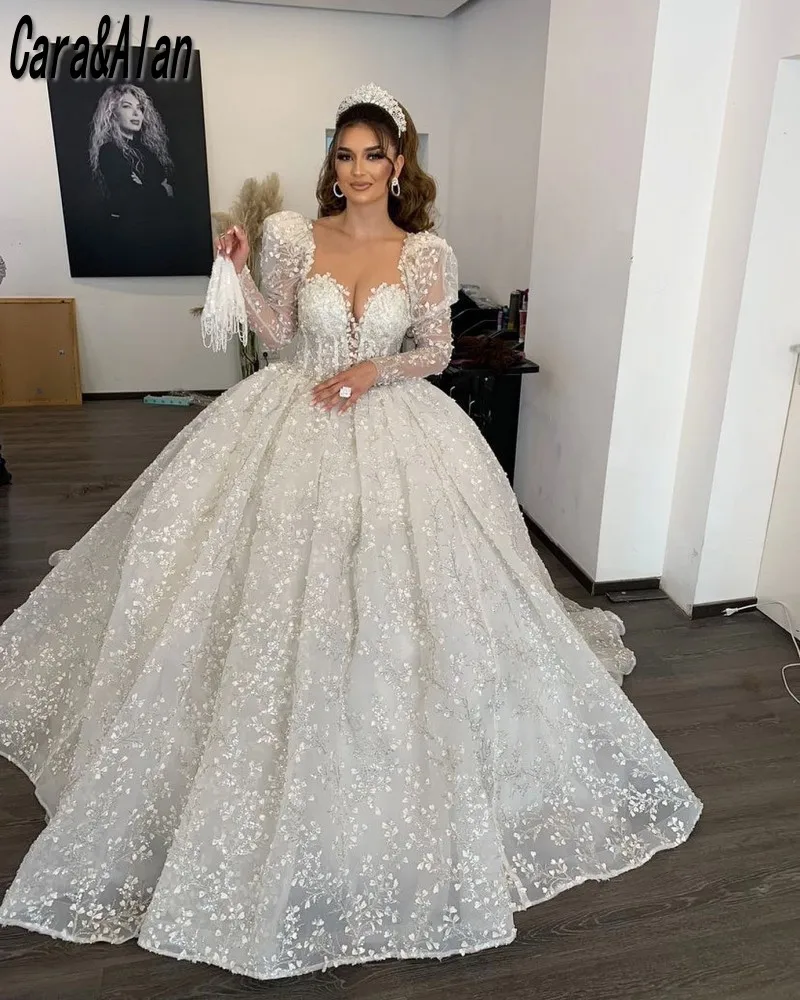 

Luxury 3D Floral Wedding Dresses Long Sleeves Applique Sheer Neck Arabic Bridal Gowns For Women Princess vestido de noiva