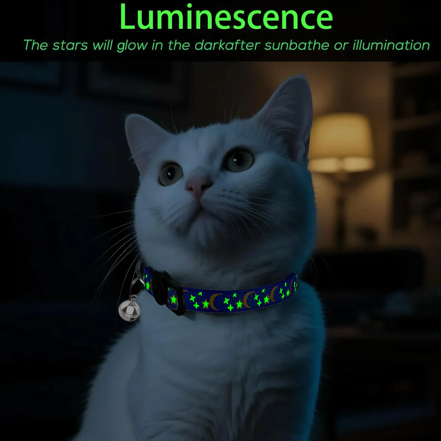 Pet Collar Cat Dog Gold Color Stars and Moon Pet Collar with Bell and PP Material Separate Luminescence Safety Buckle Solid Safe view 2