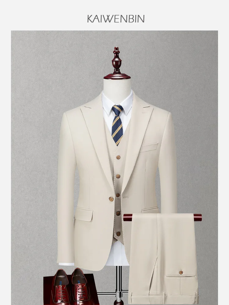 

Men's light-colored three-piece suit elastic adjustable waistband trousers jacket vest trousers 3-piece set groom suit banquet b