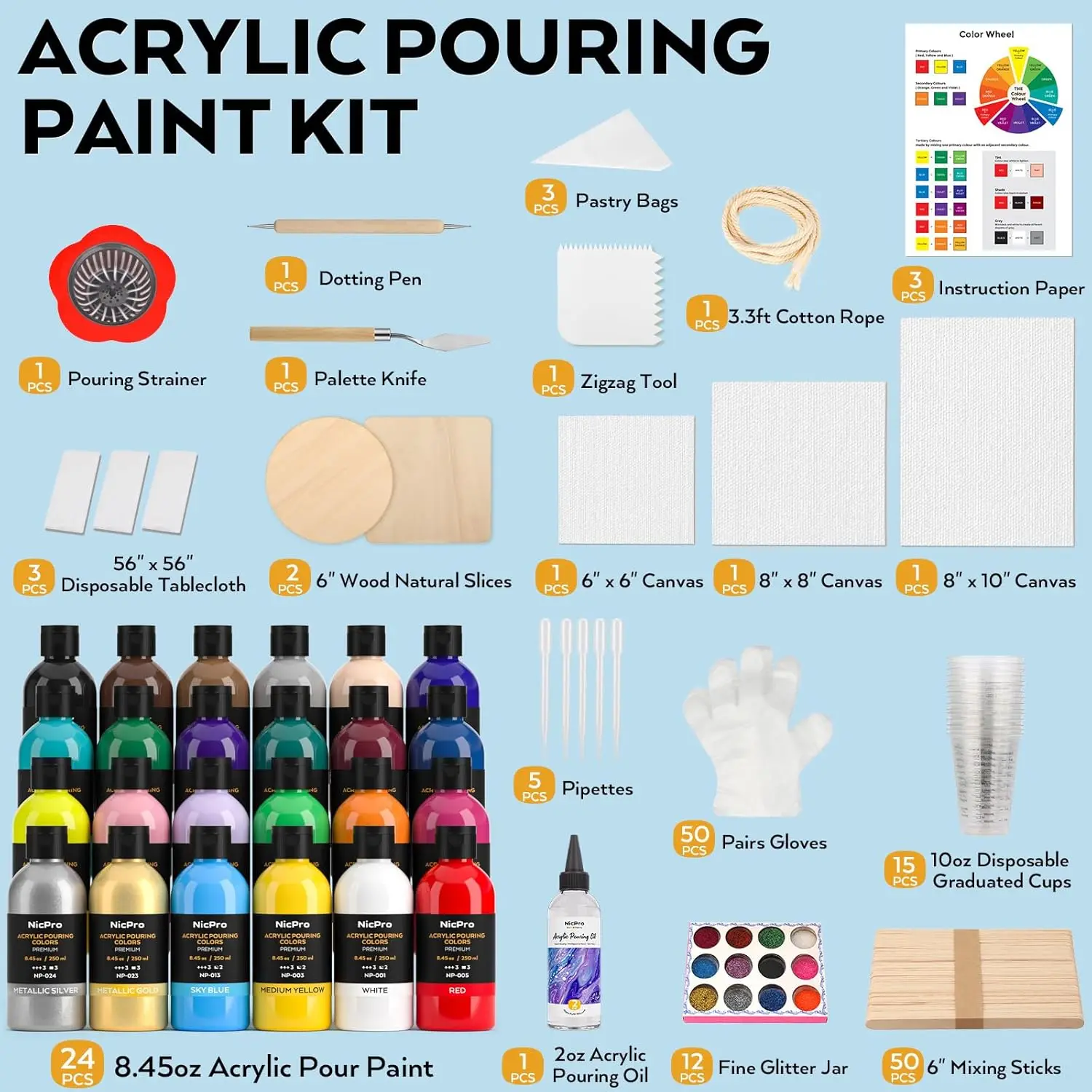 مجموعة مستلزمات طلاء أكريليك 24 لونًا 8.45 أونصة، مجموعة كبيرة من الألوان ذات التدفق العالي مع قماش، خشب نات