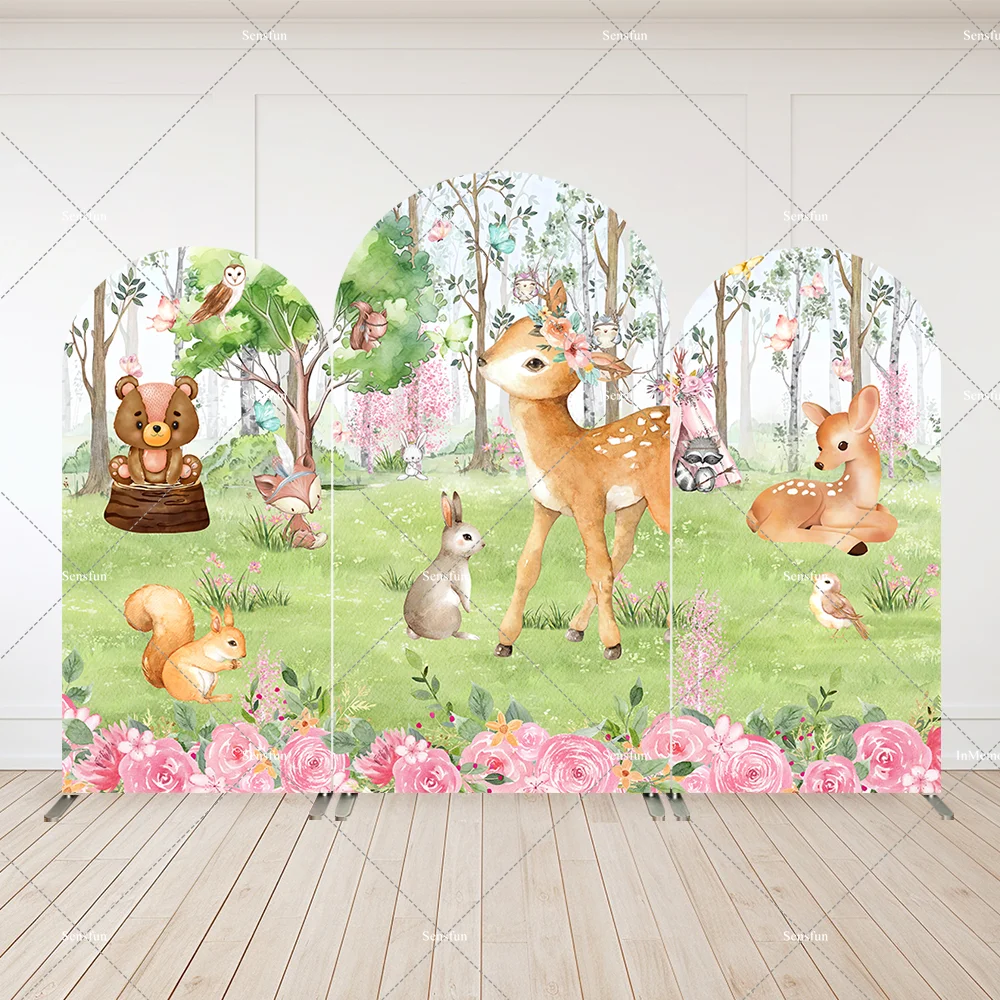 Bambi Baby Shower Decoration Arch Backdrop Cover Spring Garden Woodland Animals Deer Baby 1st Birthday Arched Wall Background