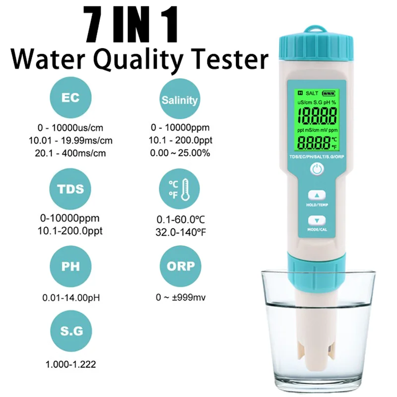 5 in1/ 7 in1/ 10 in1 Multifunction Water Quality Monitor PH/TDS/EC/ORP/Salinity/S.G/TEMP/H2/Fertile/Resistivity PH Meter 1 pcs