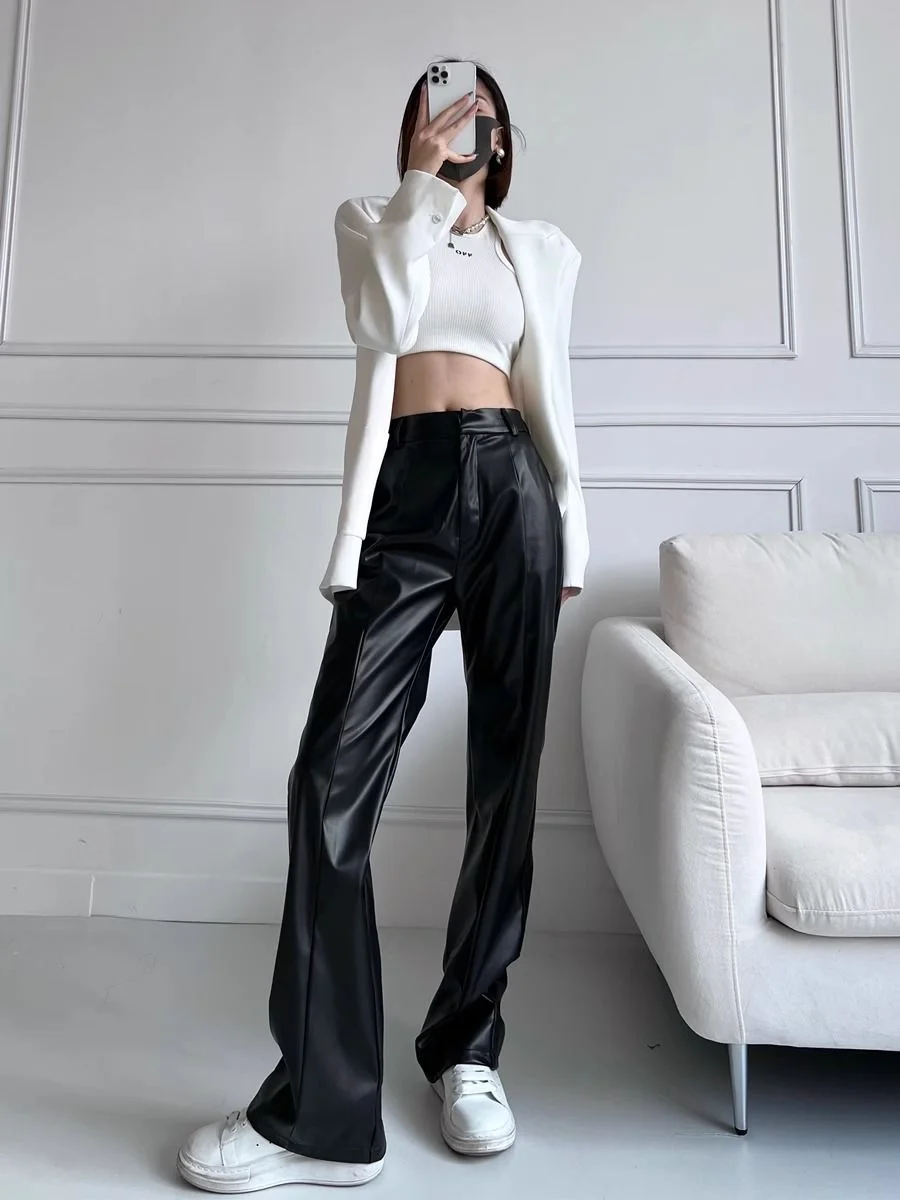 

Female Trousers Baggy Loose Wide Leg High Waist Women's PU Leather Pants Straight All Medium Elastic Classic Nylon Trends 2024