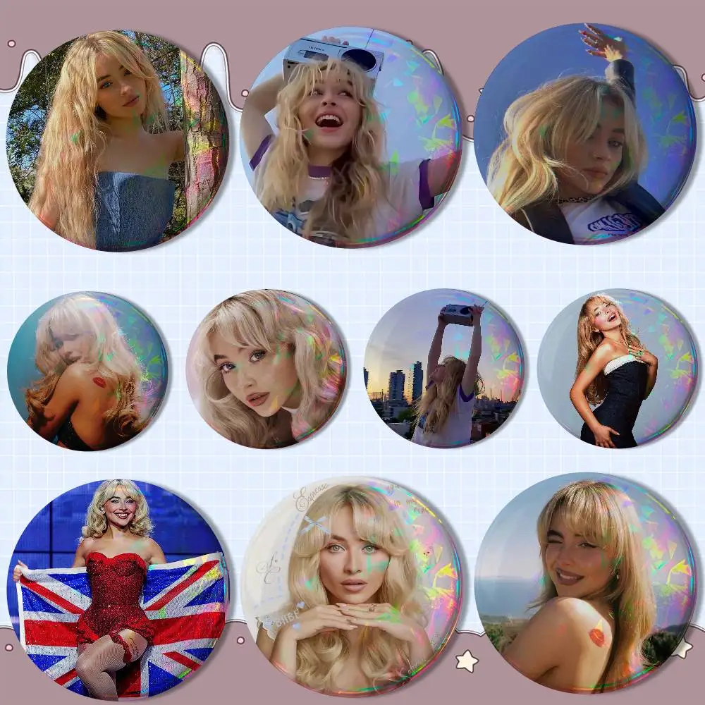 

cute girl Sabrina Carpenter Reflective Pin Tinplate Round Brooch Cartoon Cosplay Badges for Bag Hat Toys Gifts