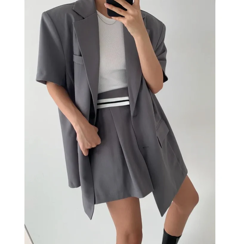 

Korean Style Casual Short Sleeve Suit Set High Waist Short Pants Color Block Design Mid-Length Jacket Summer Fashion Outfit