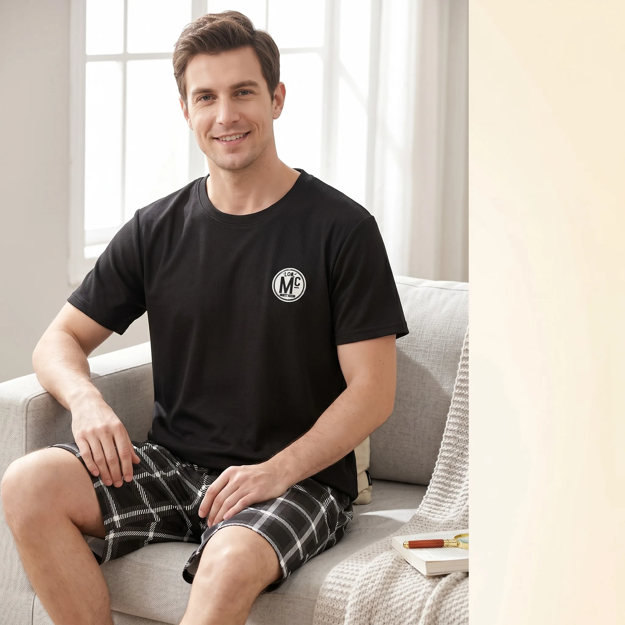 

New Men's Summer Pajamas: Short-Sleeve Shirt and Shorts Set for Teens and Students, Cartoon Stripes, Summer Loungewear Set