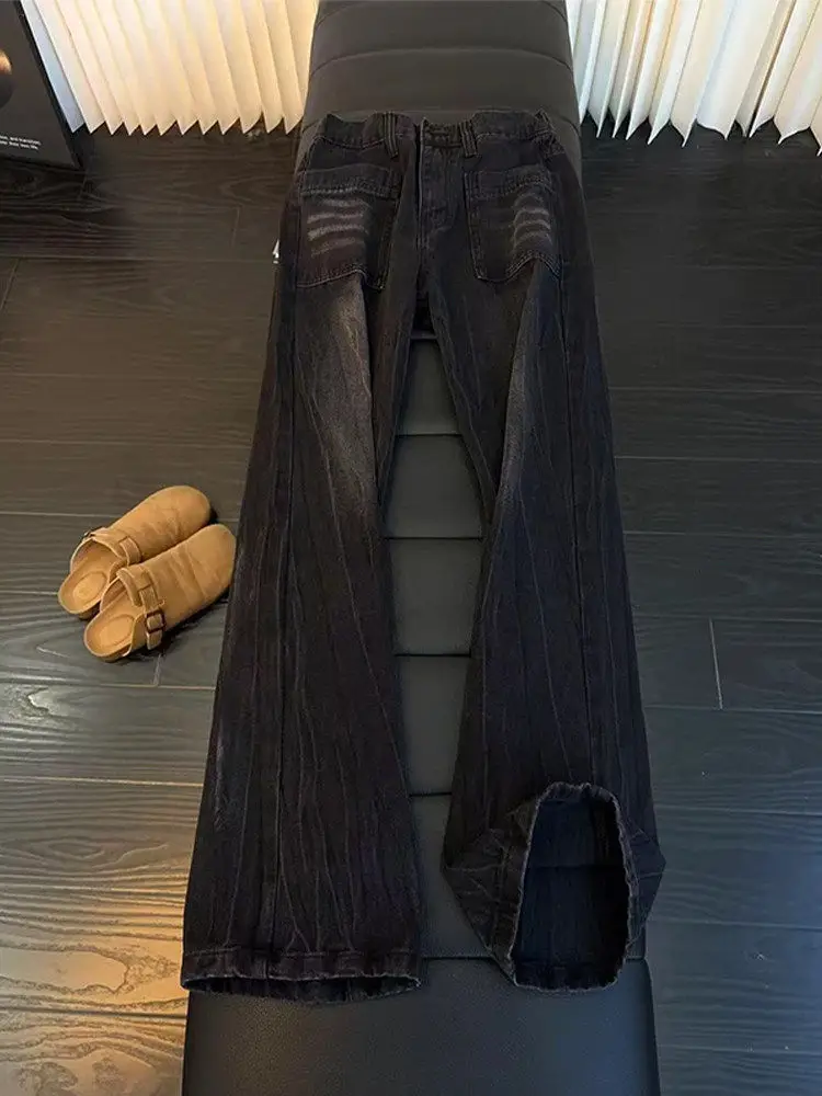 

Waed Bla Mustache Lightning Pattern Men's Jeans Fce Lined Flared Straight Leg Slimming Denim Pants Street Sle