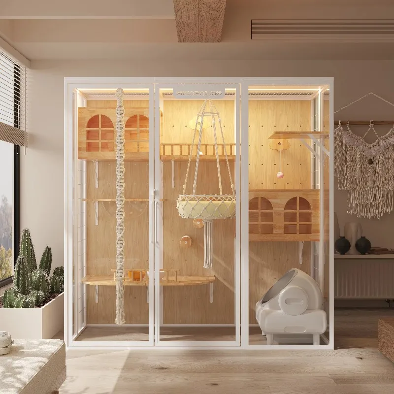 

Customizable Carbon Steel Frame With Rubber Wood Board Tempered Glass Pet Condo Movable Wheel Large Space House Villa