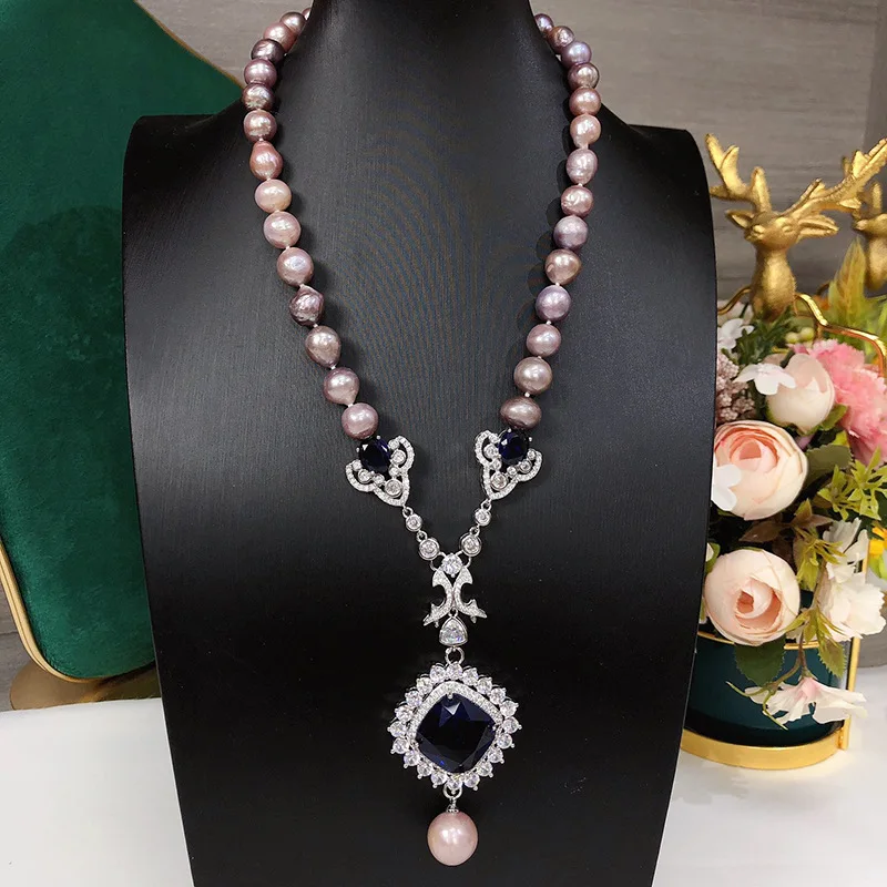 freshwater pearl purple keshi near round 9-10mm and blue zircon pendant necklace