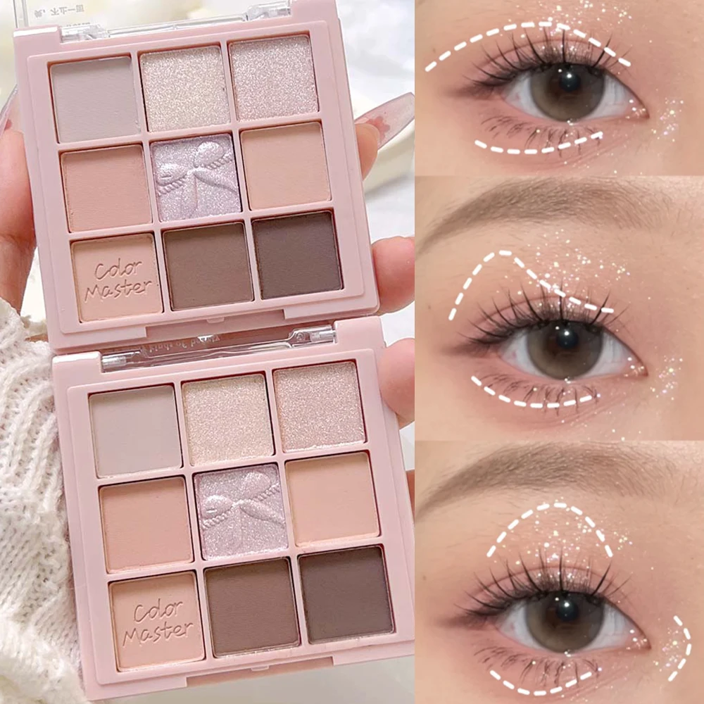 Paleta de sombras de ojos con purpurina, 9 colores, brillo nacarado, resistente al agua, pigmentos de sombra de ojos mate, rubor, maquillaje de ojos coreano