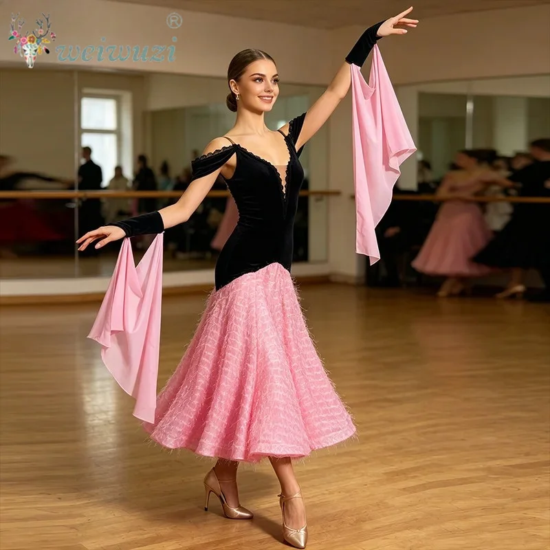 Vestido de baile de salón con tirantes de terciopelo y gran vuelo, traje de actuación para vals y foxtrot estándar nacional