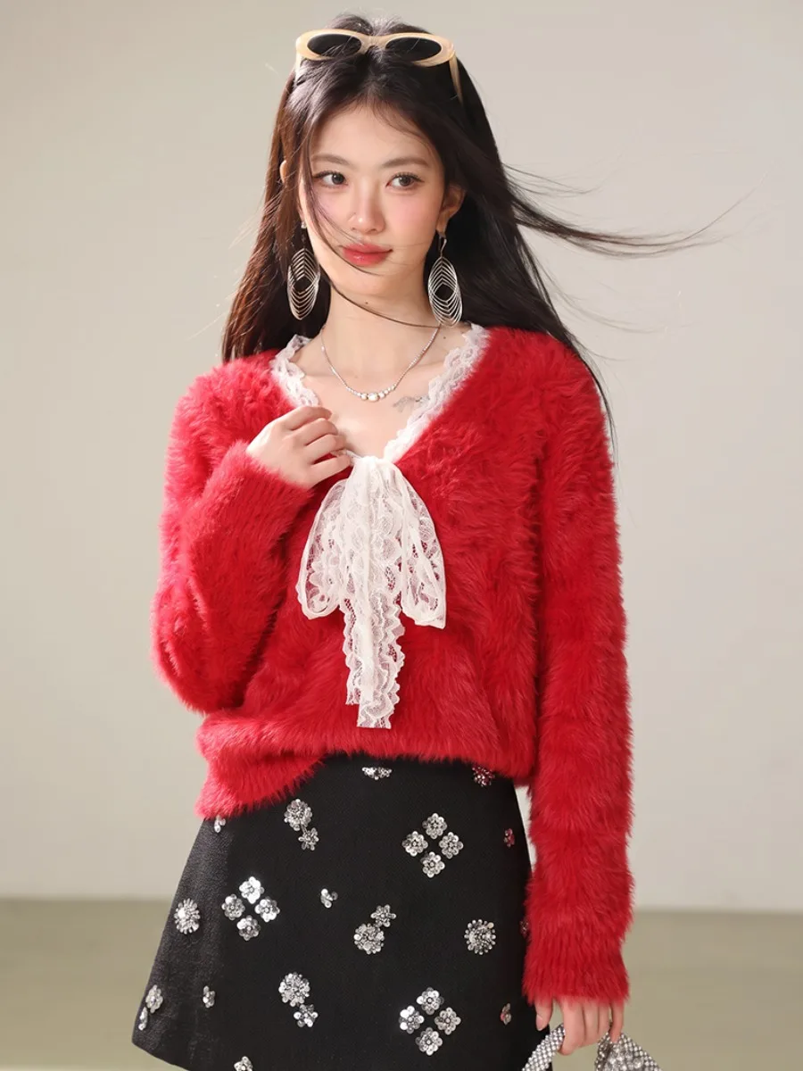 Women's V-neck Lace  Knot Loose Knitted Sweater Base Layer Top Sweet Style Long Sleeve Short Length  Color
