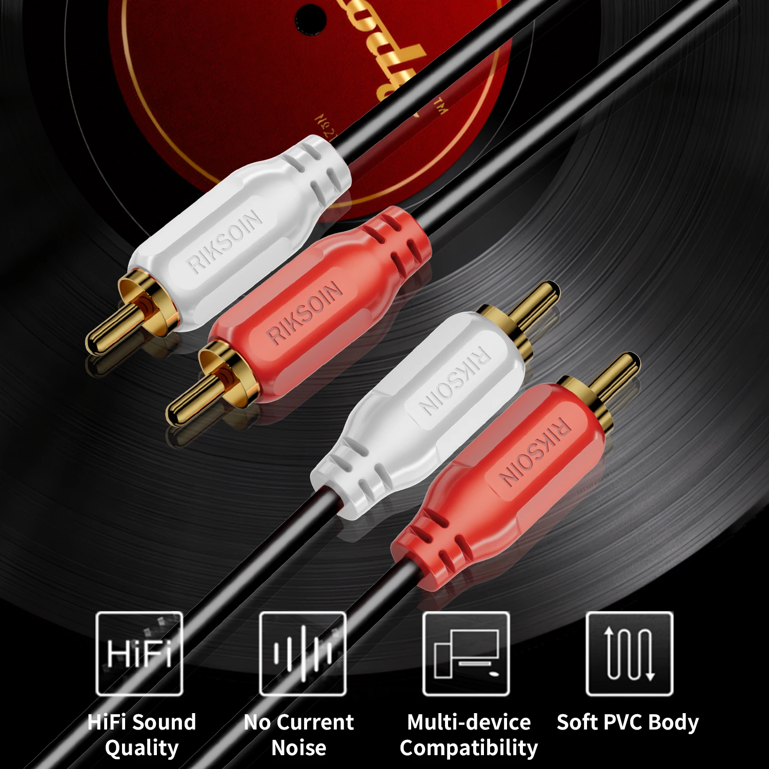 1PC RIKSOIN RCA Cables, 2RCA Male to 2RCA Male Stereo Audio Subwoofer Cable Dual Shielded RCA Cord Compatible for Home Theater,
