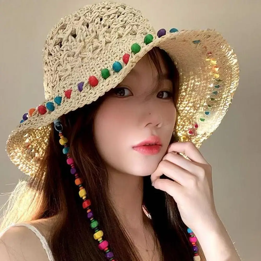 حواف مرنة قبعة الشمس قبعة الشاطئ تنفس أنيق المرأة واسعة حافة القش قبعة مع الخرز الملون ديكور للصيف للراحة