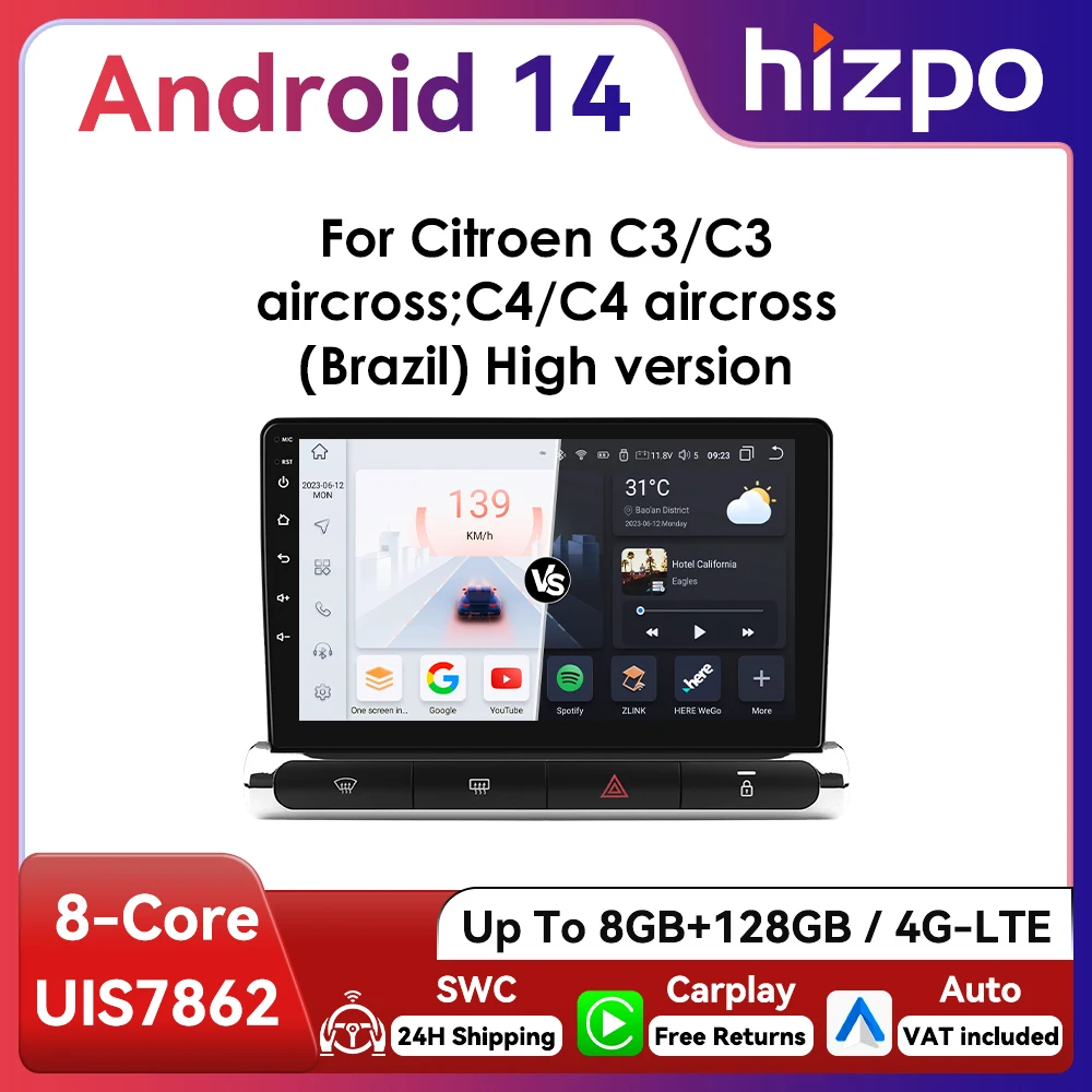 Hizpo 2Din 9 pollici CarPlay Android Auto Autoradio per Citroen C3/C4 Aircross 2017 - 2023 GPS RDS DSP 4G BT 360 ° CAM UI7862 Unità principale