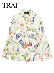 TRAF 2024 Spring Women's Fashion Flower Printed Blouse Long Sleeves Loose Lapel Single Breasted Retro Chic Casual Shirt Tops