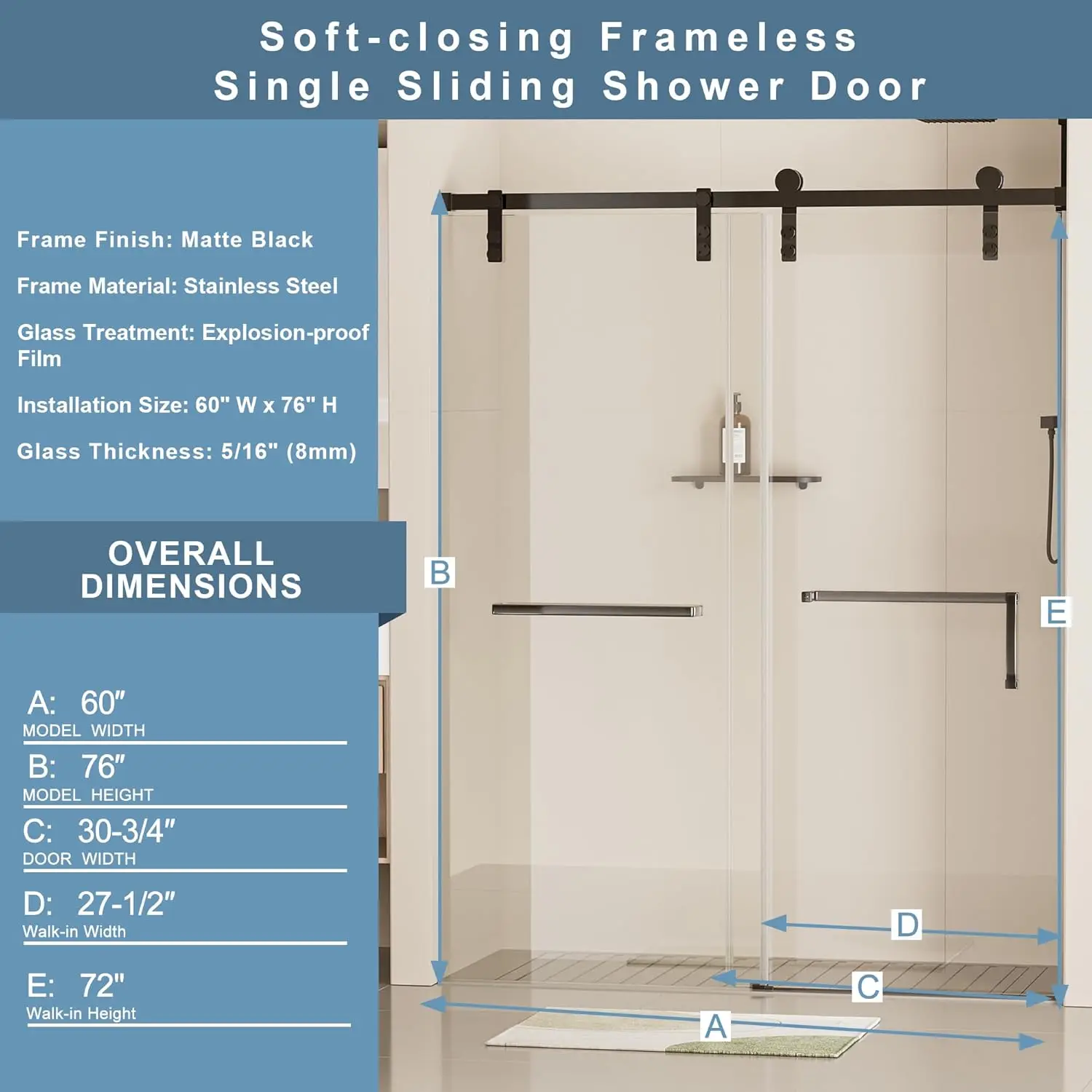 60 In. W X 76 In. H Frameless Sliding Glass Shower Door With Soft-Closing Mechanism (Matte Black)