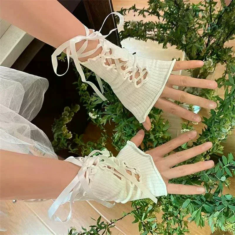 Women Strapping Lace Fingerless Hot Sexy Arm Sleeves Diy Lace-Up Sunscreen Gloves Elastic Mesh