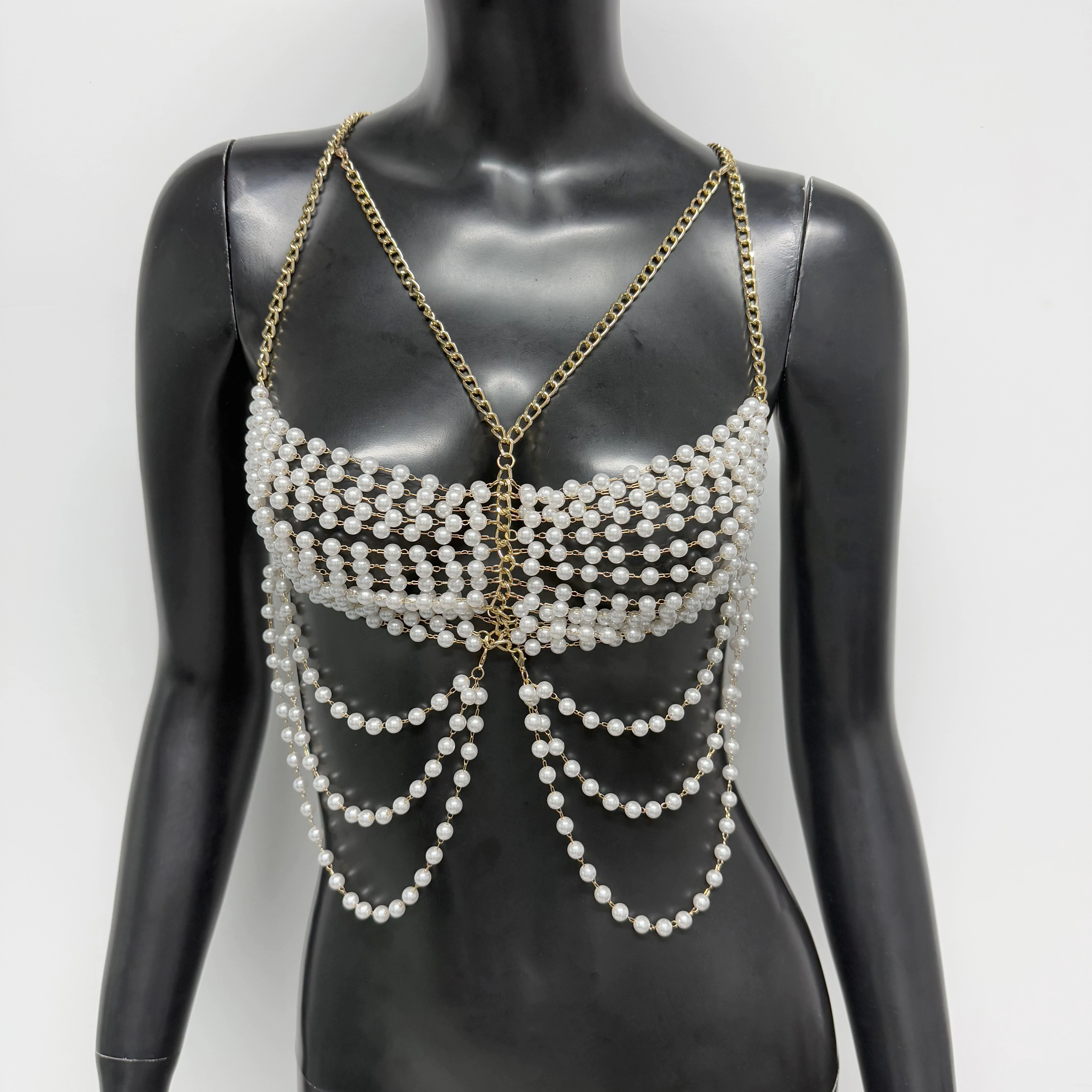 

Женский топ на бретельках с жемчужной кисточкой и цепочкой, сексуальный топ с открытой спиной, прозрачный укороченный топ с лямкой на шее, Rave Music Festival, камзол