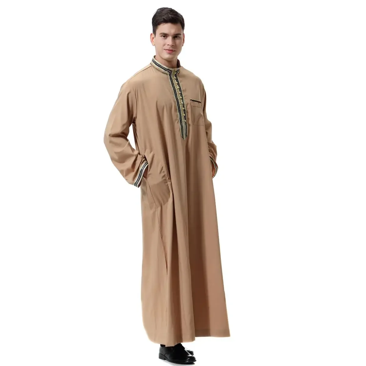 Men Muslim Clothes Solid Color Jubba Thobe Long Sleeve Stand Collar Robes Dubai Middle East Men Islamic Arabic Kaftan Ramadan
