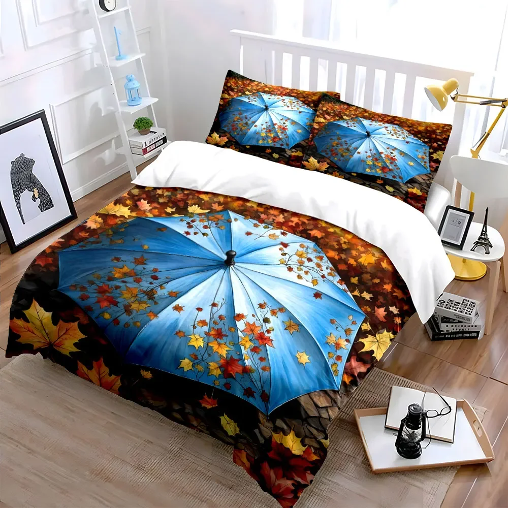 Autumn Themed Umbrella Set Soft Comfortable Duvet Cover Bedding Set Included 1*Duvet Cover & 2*Pillowcases, gift