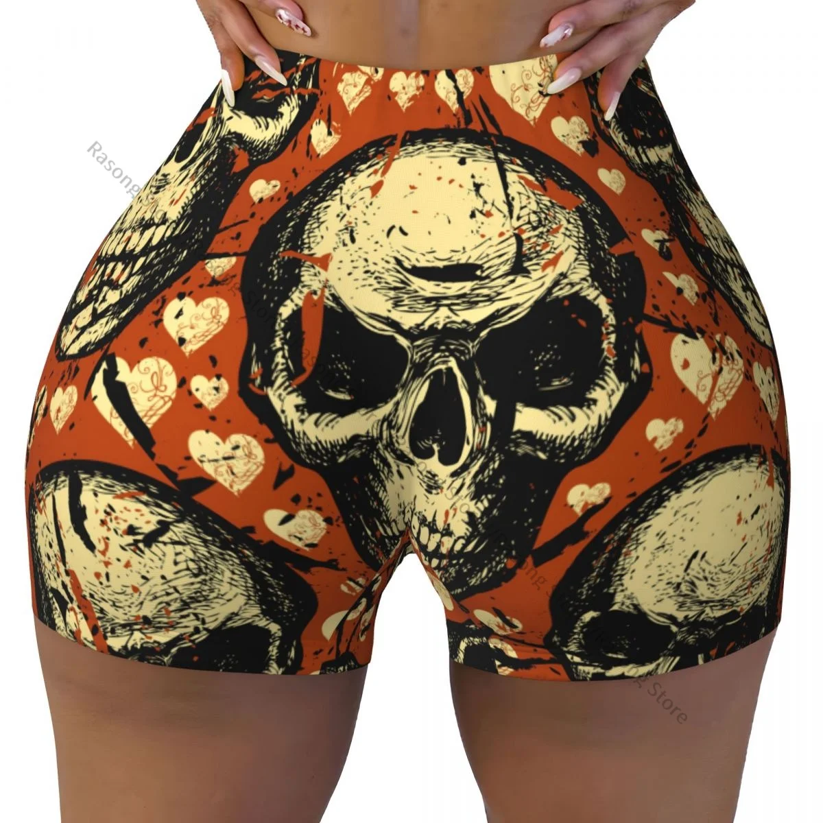 Spandex Yoga Shorts for Women Sinister Skulls And Cute Hearts Workout Booty Shorts