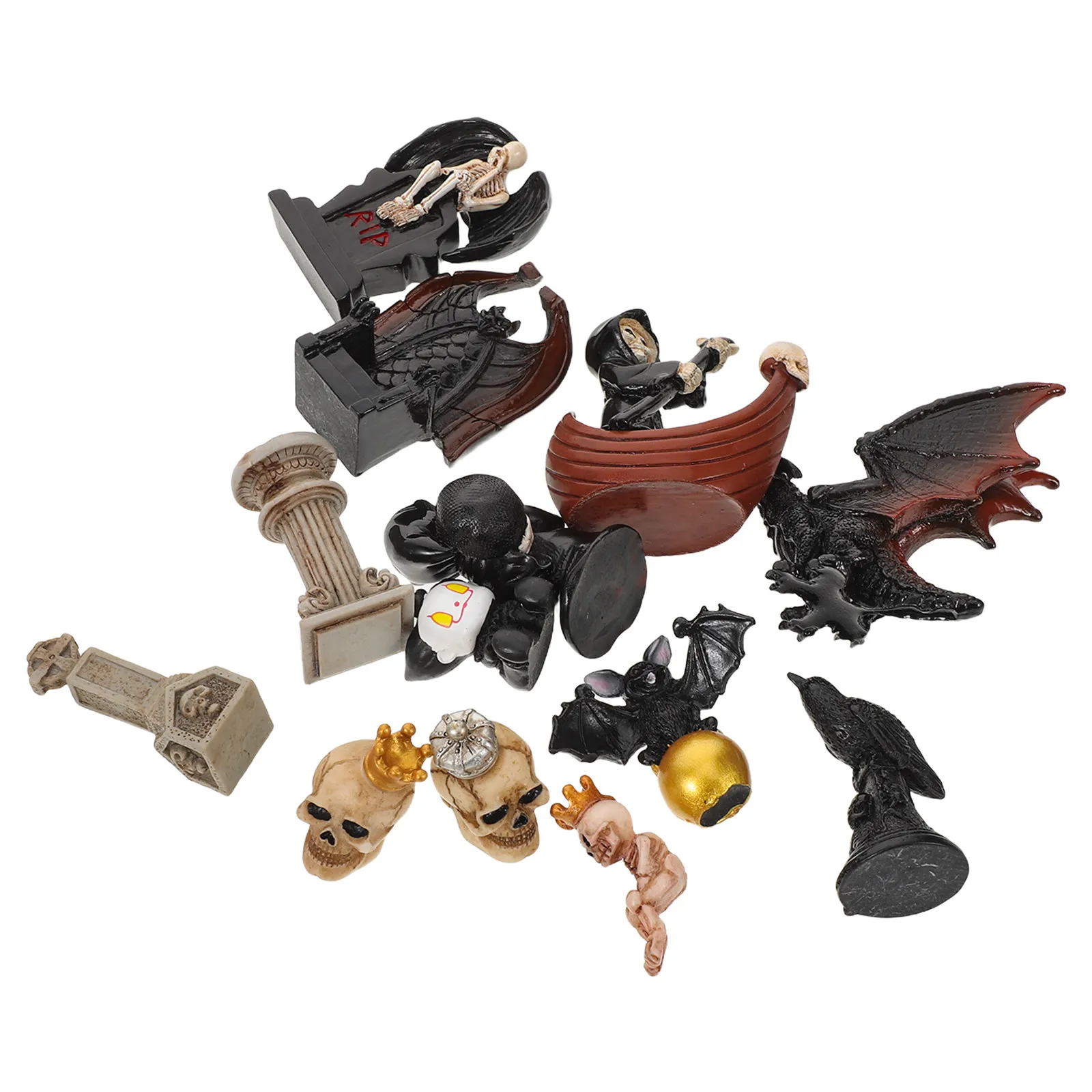 13Pcs Halloween Resin Skull Bat Decor Miniature Spooky Indoor Outdoor Garden Halloween Trinkets Ornaments Resin Skull