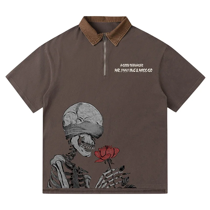 Hip Hop Summer Short Sleeves Skull Printed Polo T-shirt Men Harakuju Streetwear Loose Top Tees