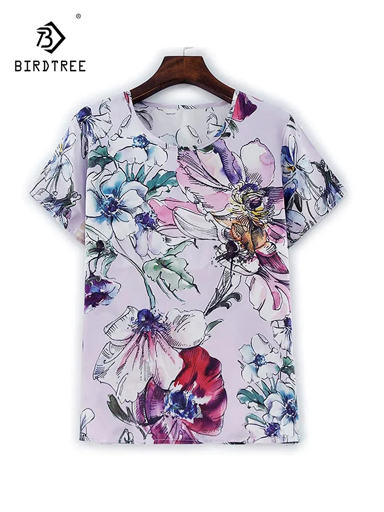 

Элегантная футболка BirdTree из шелка, круглый вырез, короткий рукав с цветочным принтом, женские модные свободные топы для поездок на работу, весна-лето 2026 T61230CC