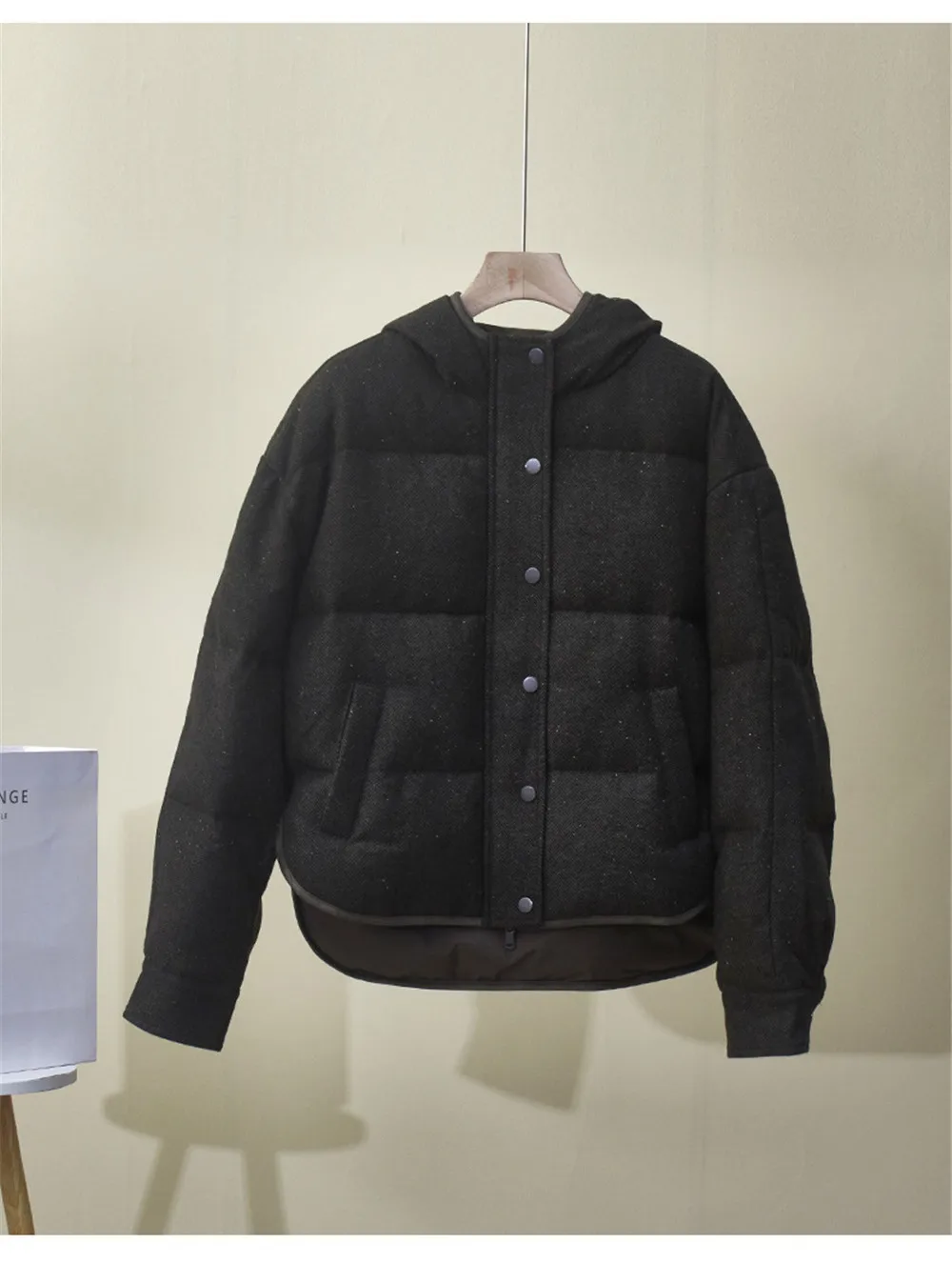 Winter Women's New Hooded Loose HerrinGbone Pattern Cardigan With Wool Splicing Goose Down Warm Down Jacket