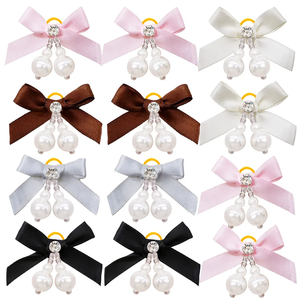10PCS New Diamonds Puppy Bows Pet Dog Bows With Rubber Bands Pearl Dog Hair Bows Pet Grooming Accessories For Dogs Bowknots