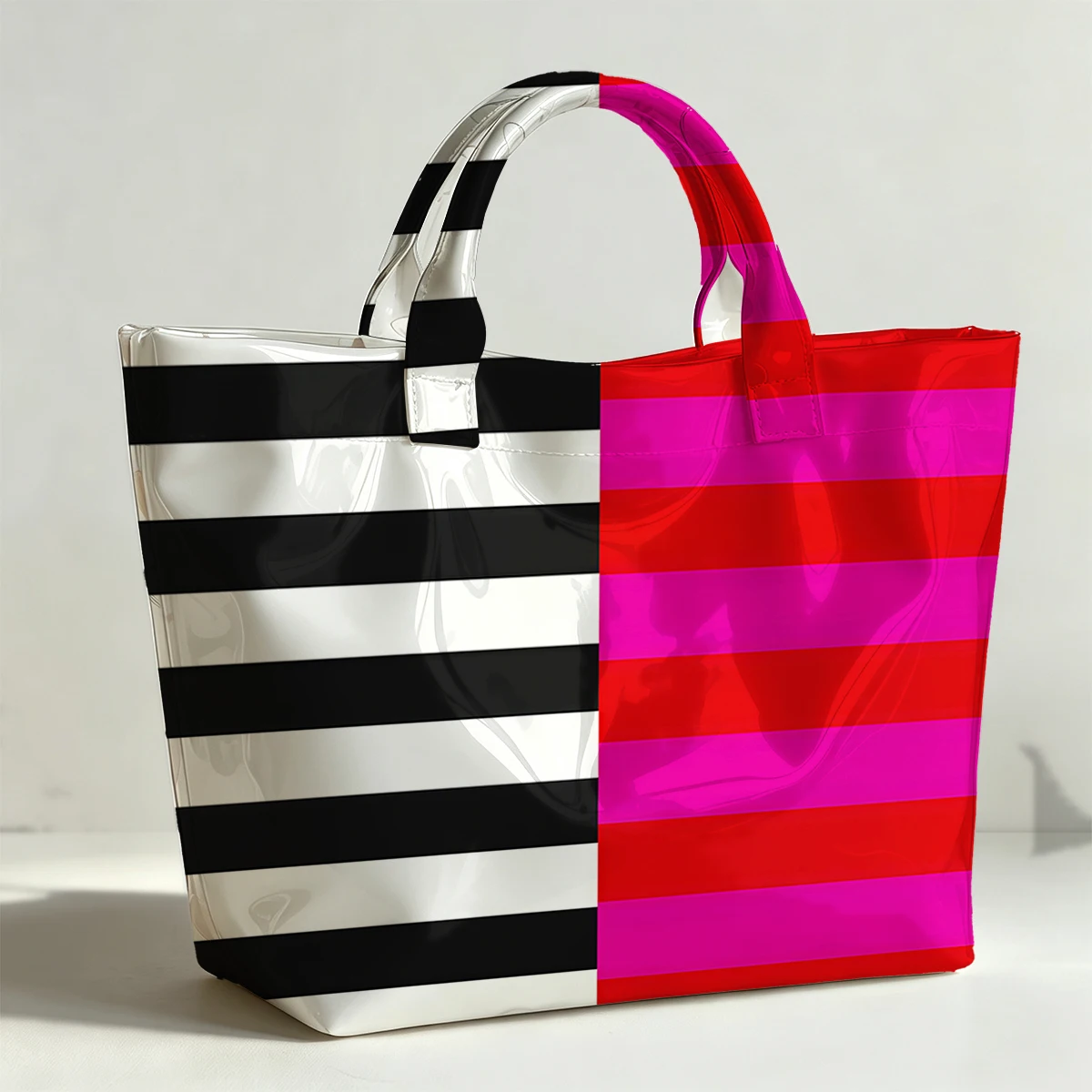 Bicoloured Stripes Pink Black PVC Tote Bag Waterproof Transparent Jelly Bag Beach Bag Tote Pouch Bow Handbags Storage Bag