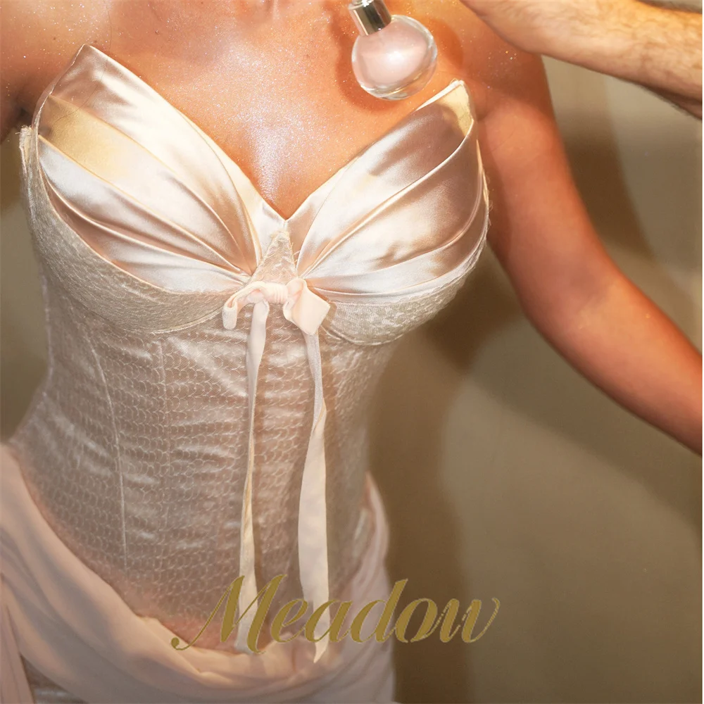 Meadow Paste Pink Wedding Party Dress Front Satin Bow Tie Detail Sequin Evening Dresses Strapless Christmas Dress Customizable