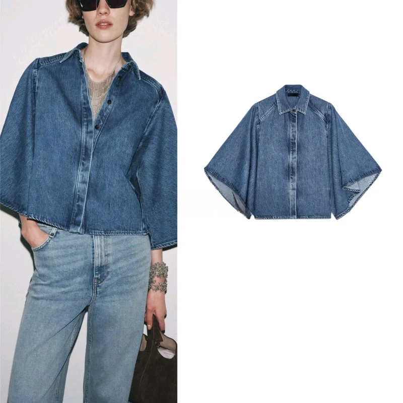 

Fall New Women's Casual Long Sve V-Ne Denim irt Waed Effect Layered Decoration Loose Fit Polyester Commute Sle