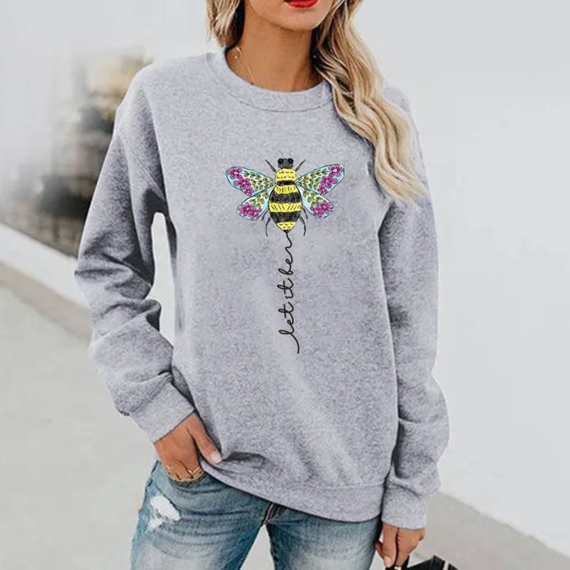 Bee Fun Print Long Sleeve Hoodless Crewneck Hoodie Lady Sweatshirt  Streetwear Women  Sweatshirts Clothes