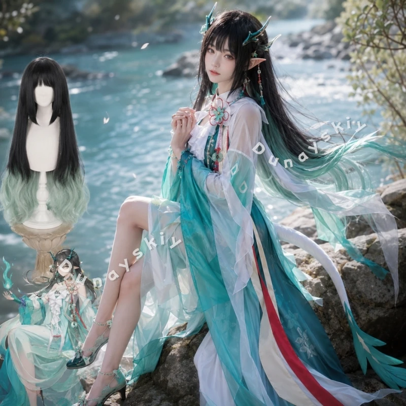 

Hanfu Arknights Dusk Chiffon Cape Cosplay Costume Black-to-Green Ombre Wig Dragon Horns Ears & Tail Included Halloween Carnival