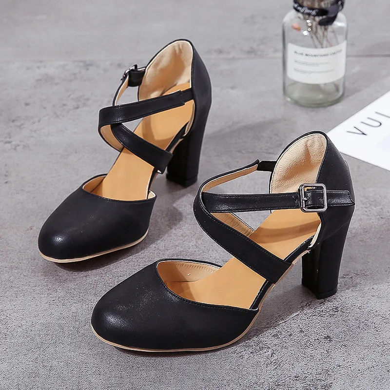 Women High Heels Shoes  Autumn New Round Toe Chunky Heel Casual Platform Women's Shoes Female Belt Buckle view 6